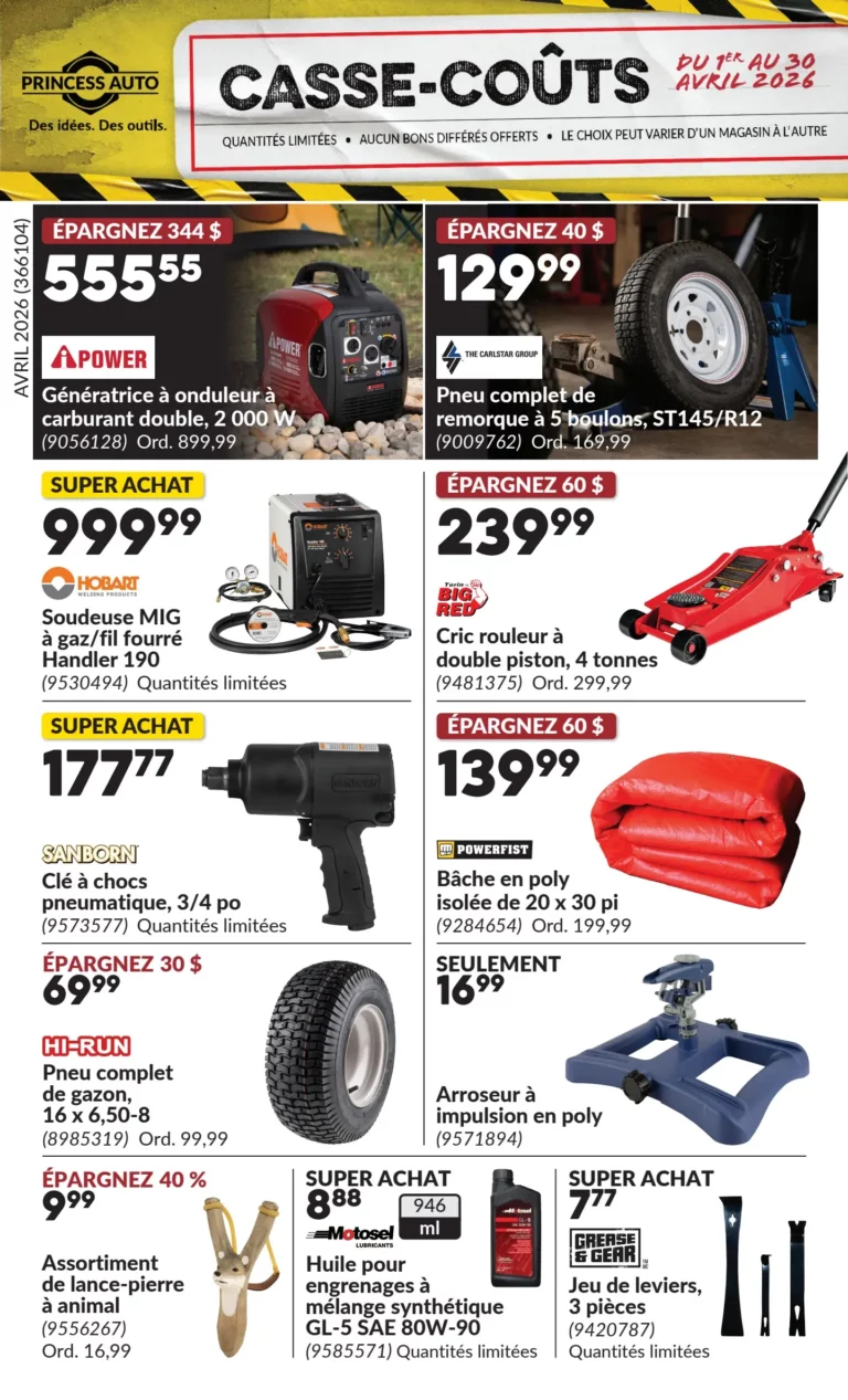 Circulaire Princess Auto – Casse-coûts du 1 au 30 avril 2026