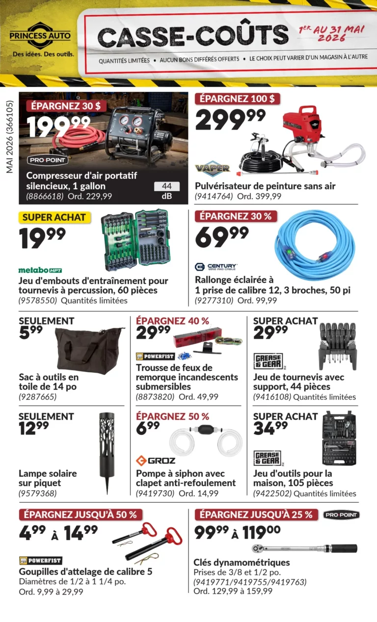 Circulaire Princess Auto casse coûts du 1 au 31 mai 2026