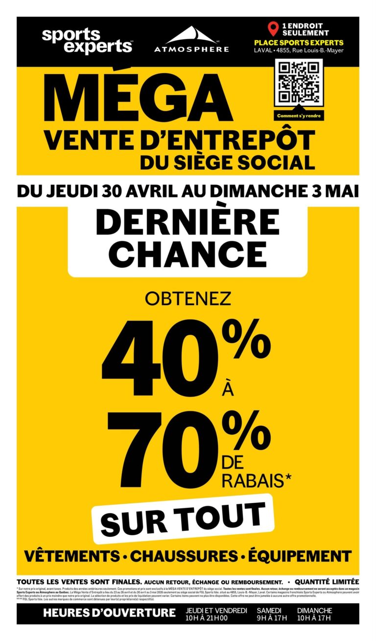 Circulaire Sports Experts – Méga Vente d&rsquo;Entrepôt du Siège Social du 30 avril au 3 mai 2026